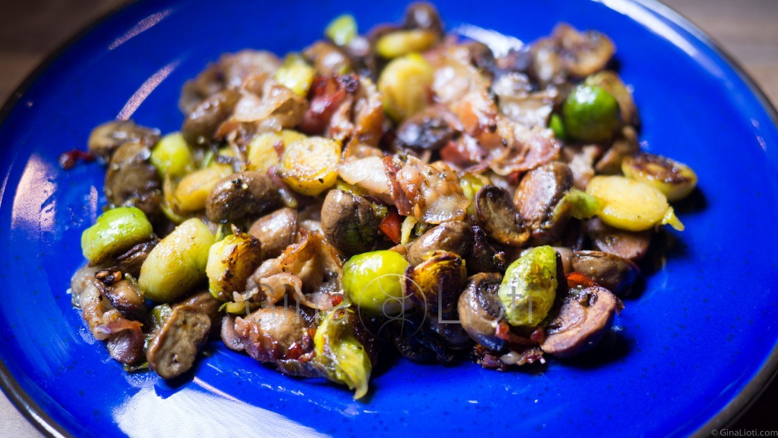 Brussels sprouts with bacon, mushrooms, lemon and chilli recipe — Gina