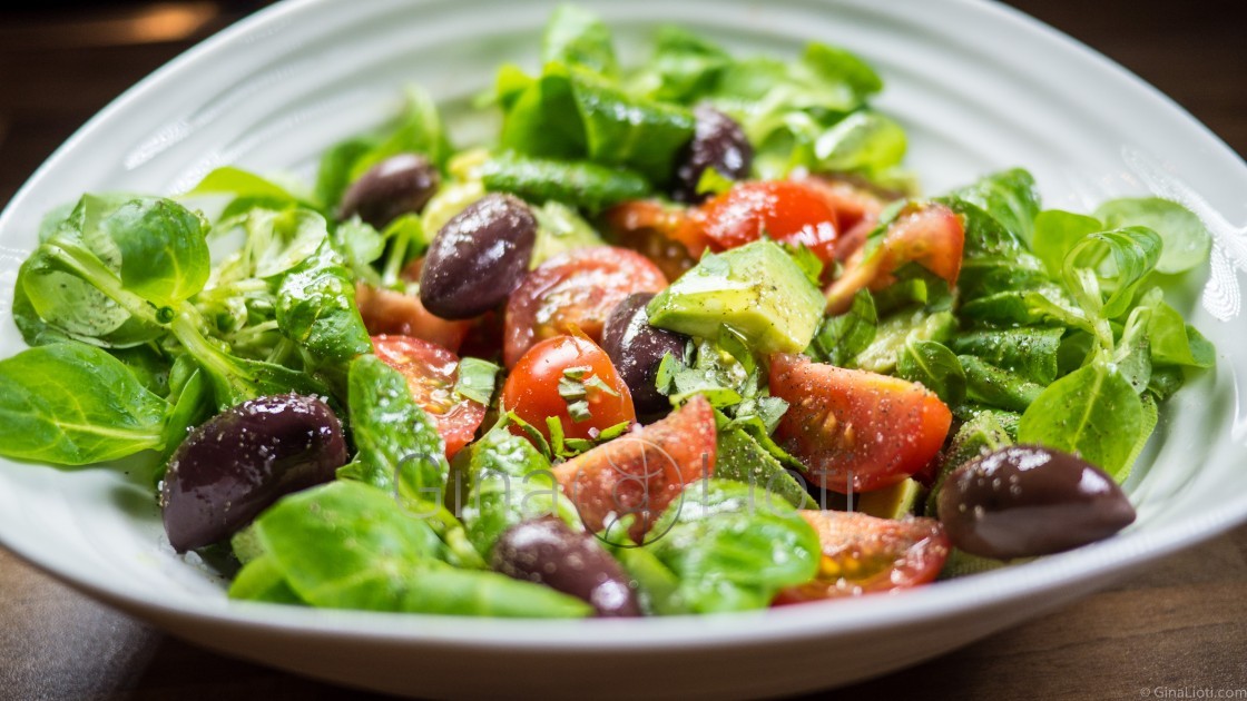 Lamb's lettuce, tomato, avocado & olive salad recipe — Gina Lioti Cooking