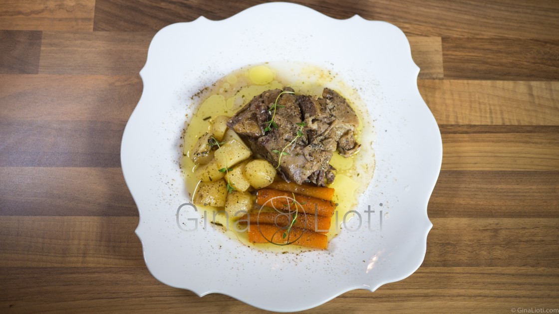 Slow roasted lamb with lemon, potatoes and carrots recipe — Gina Lioti